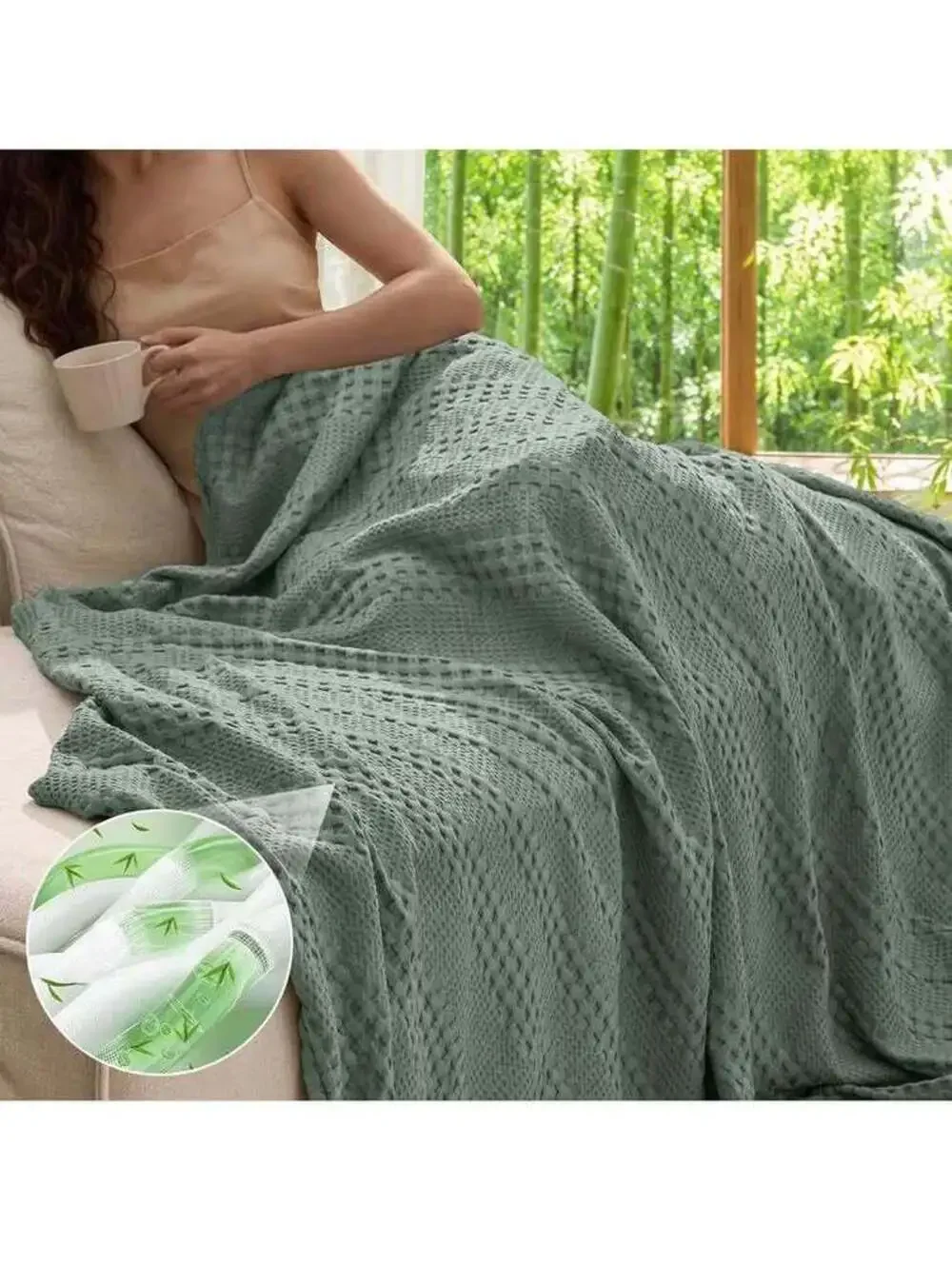 Cooling Waffle Blanket, Twin Size, Sage Slate, Bamboo & Cotton, New in Box